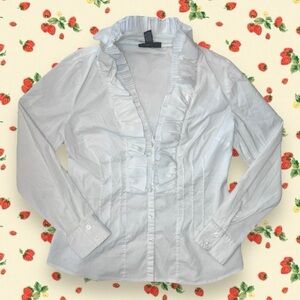 Alfani Y2K Ruffle White Button-Down Blouse